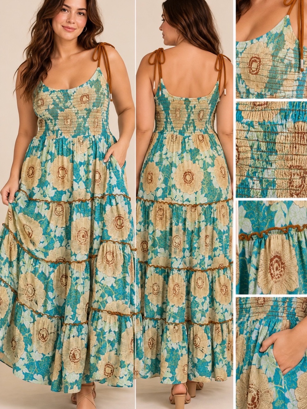 Free People NWT XL Ivory Floral Smocked Tiered Maxi Dress $168